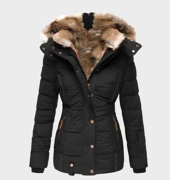 Warme slim fit dames winterjas met capuchon. Ideaal voor wintermode en comfort buitenshuis.