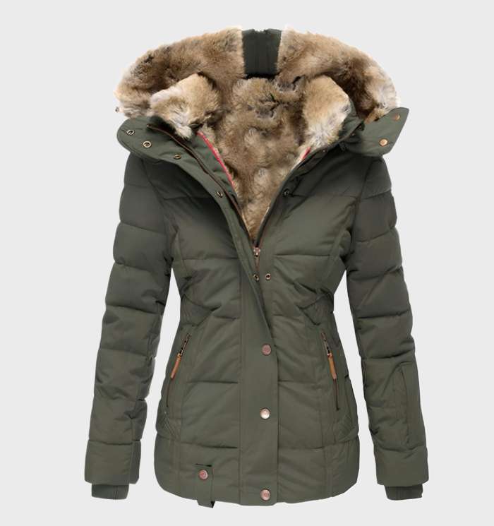 Trendy dames winterjas, slim fit en warm, met capuchon voor buitenactiviteiten. Perfecte wintermode.