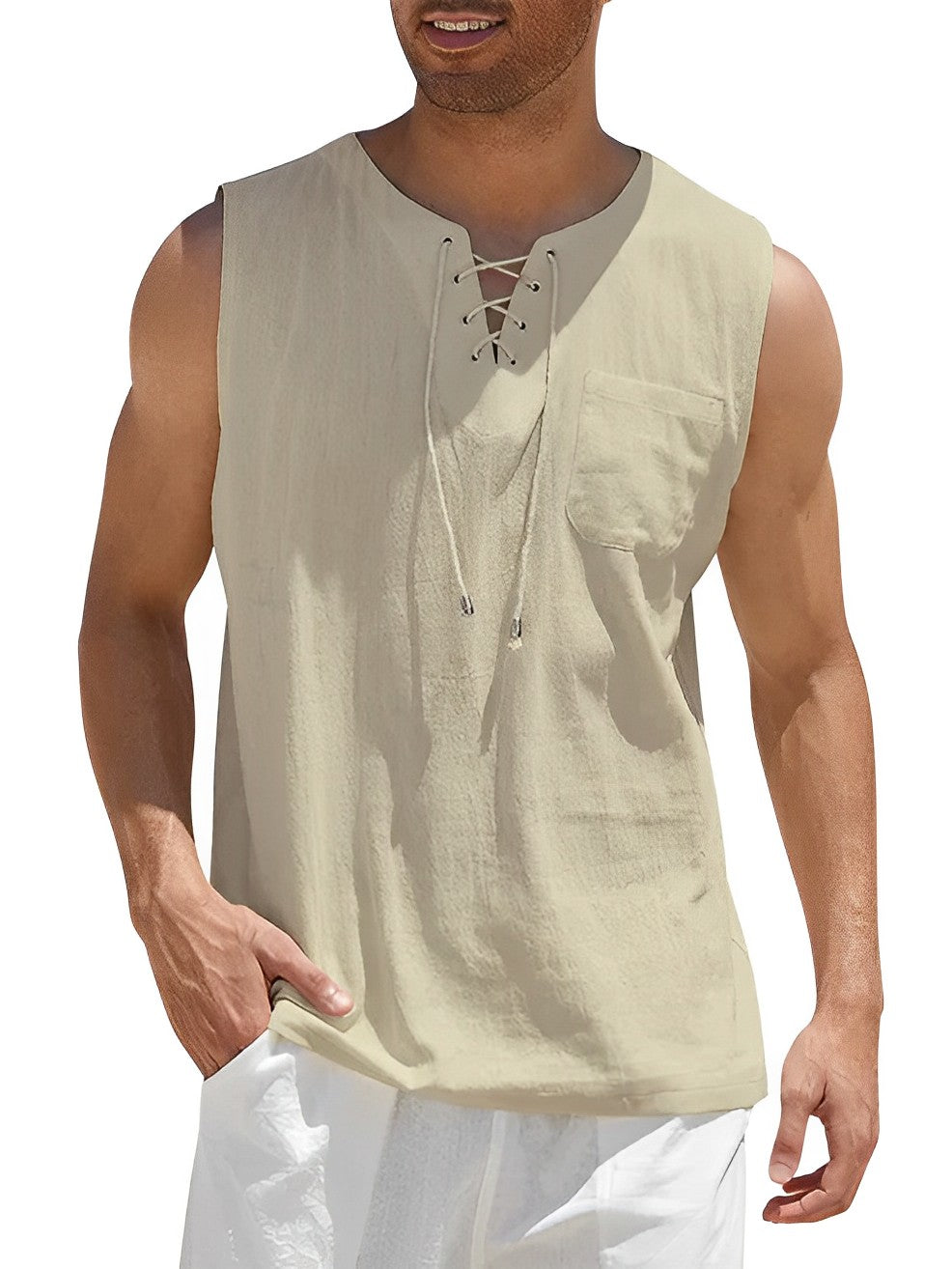 Veelzijdige heren tanktop, V-hals, mouwloos. Luchtig zomercomfort voor strand, vakantie of relax.