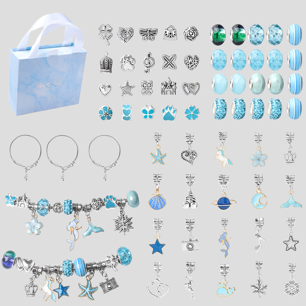 Meisjes sieradenkit met kleurrijke kralen, bedeltjes en draden om zelf creatieve armbanden en kettingen te maken.