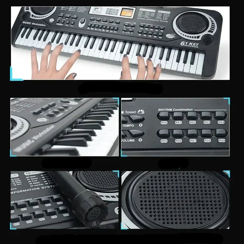 Compact kinder keyboard met 61 toetsen, microfoon en opnamemodus; perfect muziekinstrument voor jonge muzikanten.