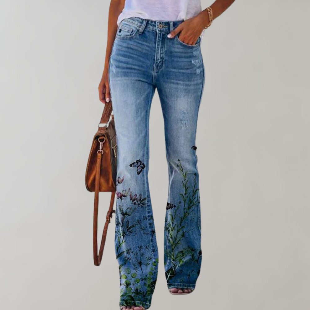 Modieuze retro stijl dames flare broek met vlinderprint, comfortabele wijde pijpen, perfect voor zomerse dagen.