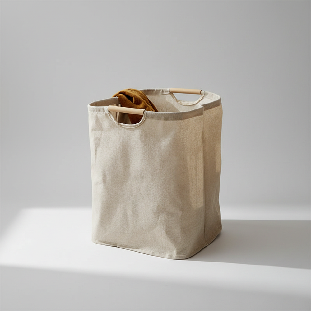 Stijlvolle vouwbare wasmand van katoenlinnen, perfect voor huishoudelijke organisatie en opslag van textiel.