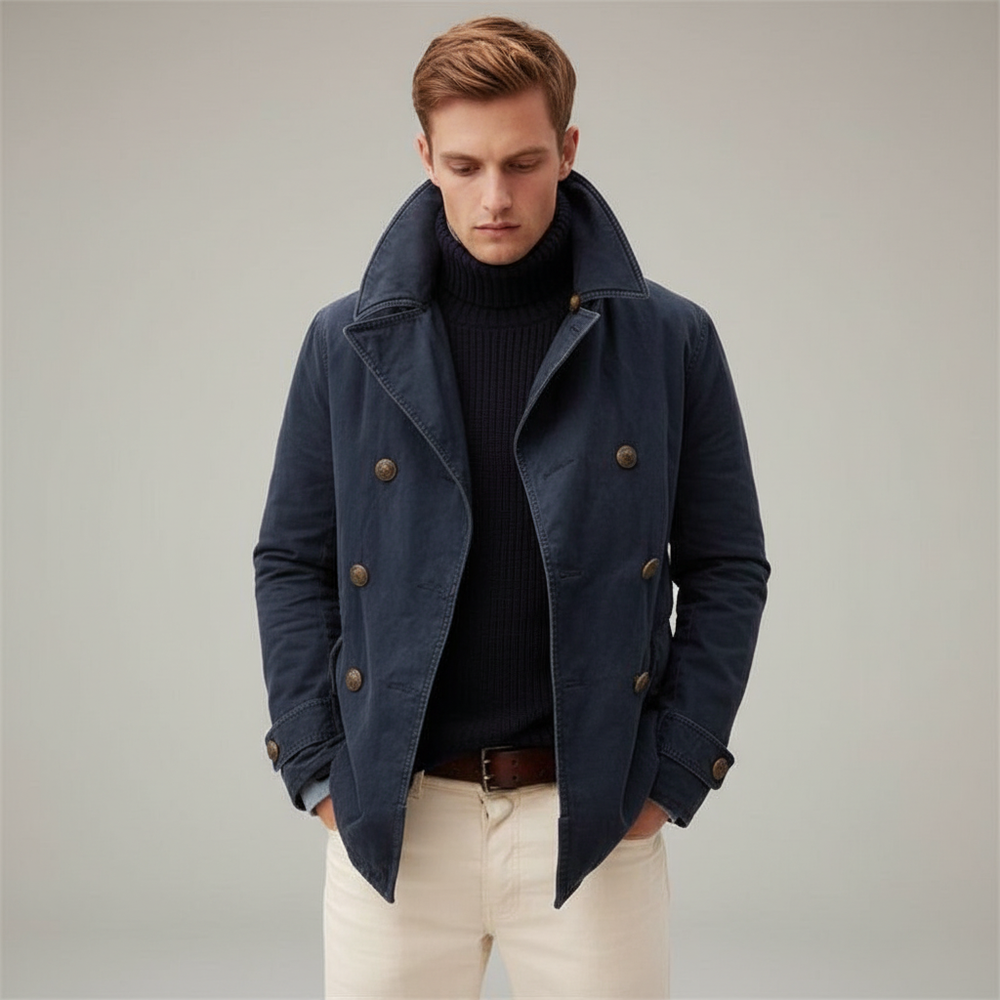 Stijlvolle blauwe heren tussenjas, comfortabel en ideaal voor smart casual looks.