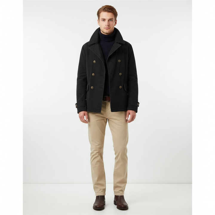 Elegante zwarte heren tussenjas, met klassiek design, ideaal voor een smart casual uitstraling.