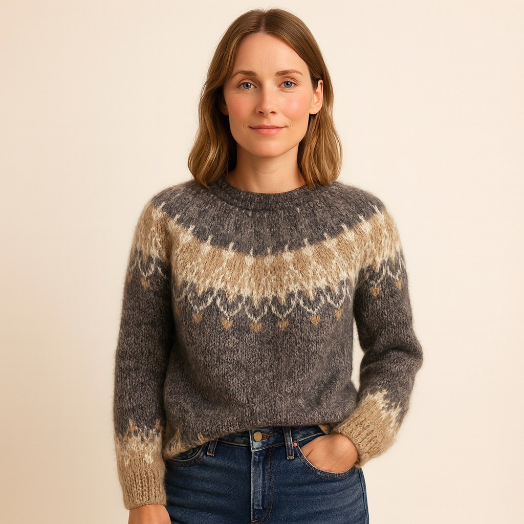 Dames trui met ronde hals, klassiek jacquardpatroon. Comfortabele en tijdloze pullover voor herfst en winter.