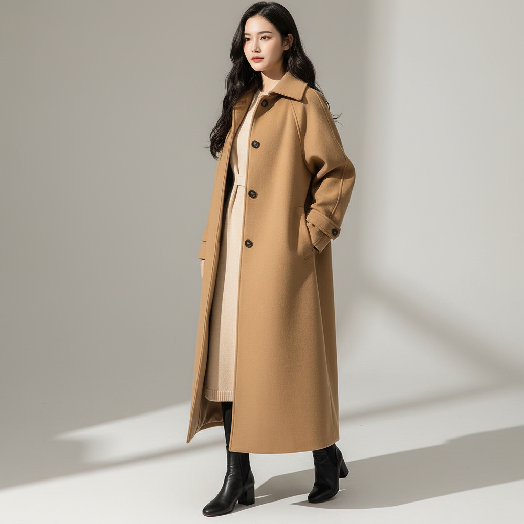 Klassieke beige dames wintermantel (Bridget) voor elegante stijl. Lange, warme jas, perfect voor wintermode.
