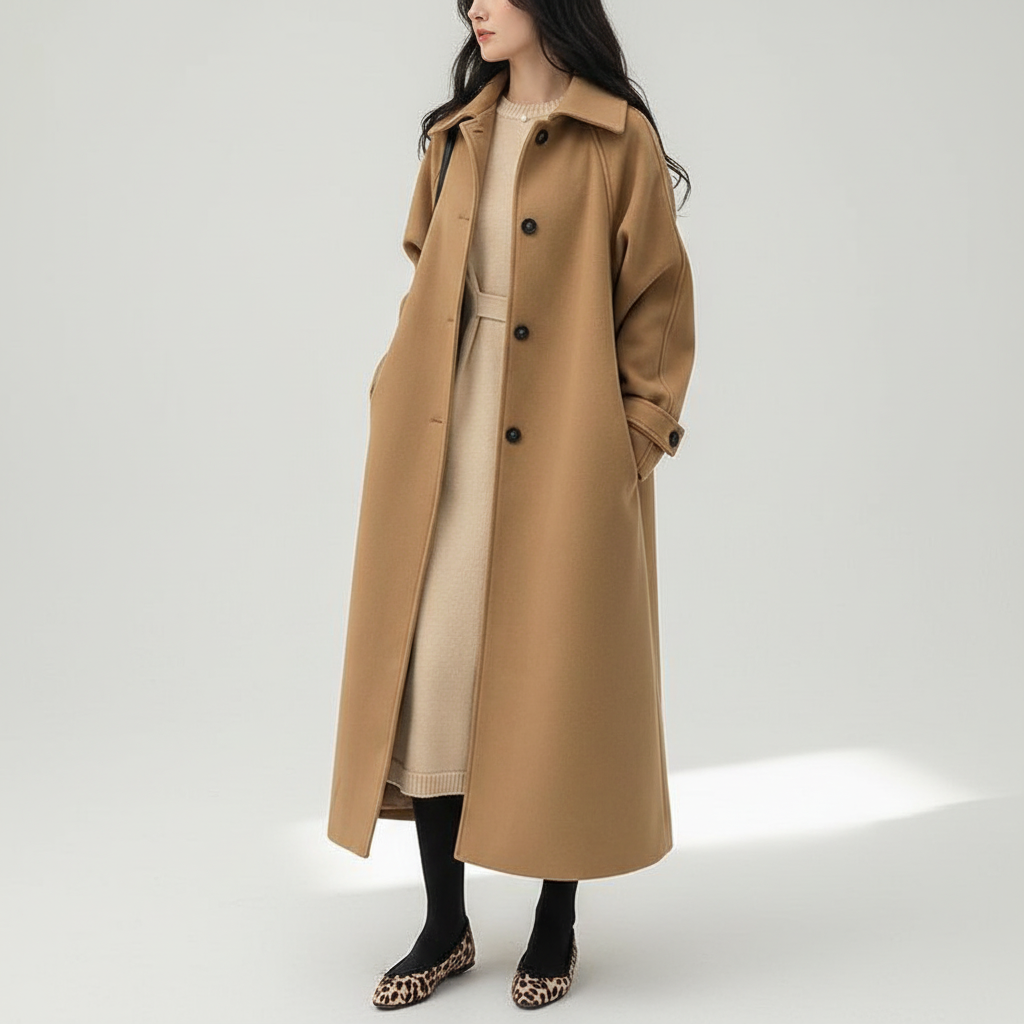 Elegante khaki damesmantel (Bridget) met stijlvolle snit en reverskraag. Ideale lange winterjas.