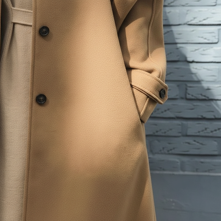 Stijlvolle Bridget damesmantel in beige/khaki, gedragen voor een casual chic winterlook. Warme bovenkleding.