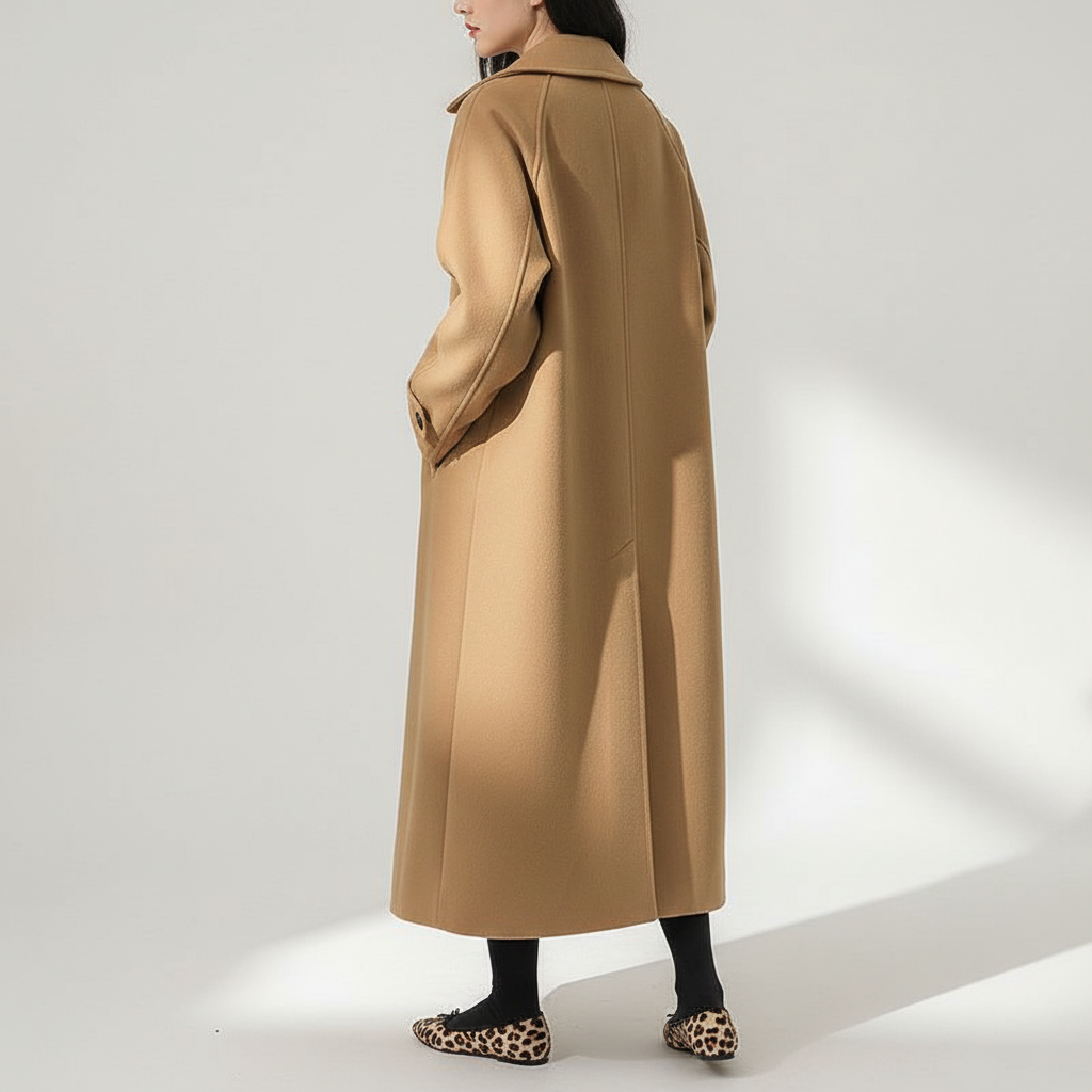 Warme beige dames winterjas (Bridget) van hoge kwaliteit. Comfortabele lange mantel voor koude dagen.