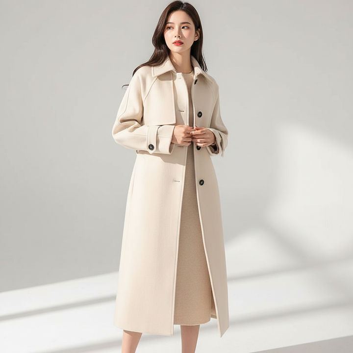 Tijdloze klassieke damesmantel in khaki/beige (Bridget). Veelzijdige, elegante winterjas voor elke gelegenheid.