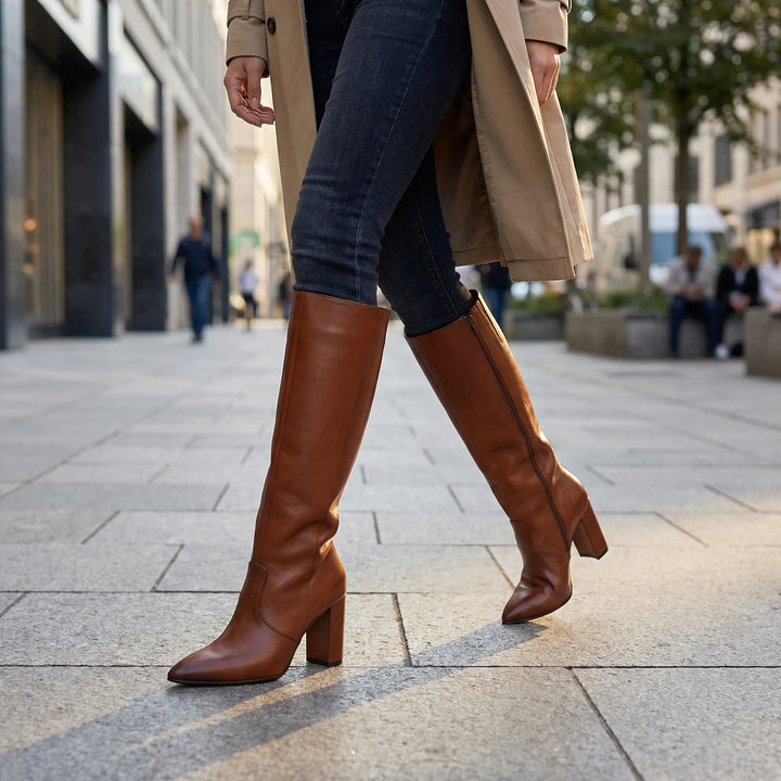 Stijlvolle bruine dames kniehoge laarzen met comfortabele blokhak en handige zijrits voor wintermode.