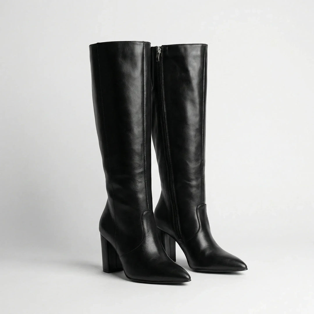 Modieuze dames kniehoge laarzen met blokhak, verkrijgbaar in bruin en zwart, voor elke outfit.