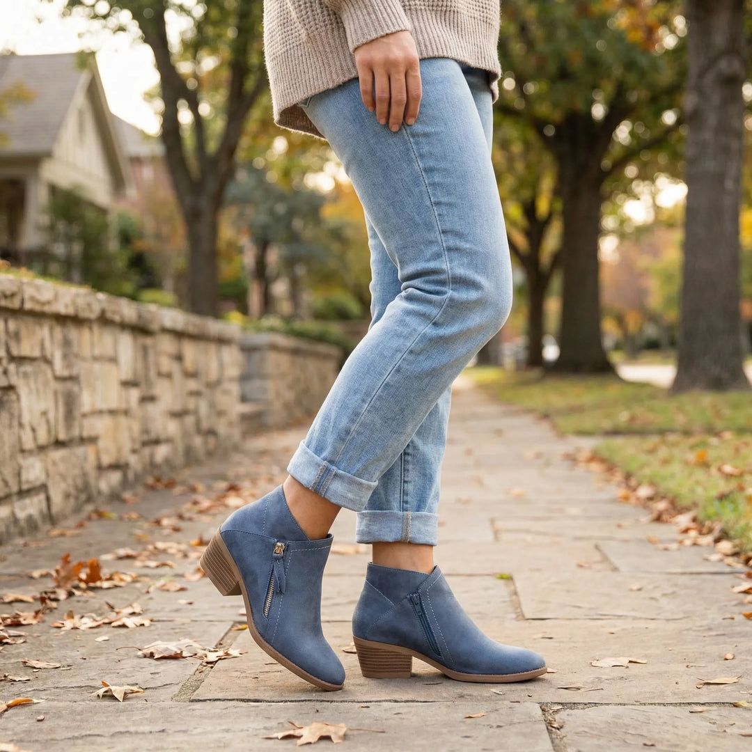 Dames Freya enkellaarsjes met stabiele blokhak, elegant en comfortabel, perfect voor herfst en winter mode.
