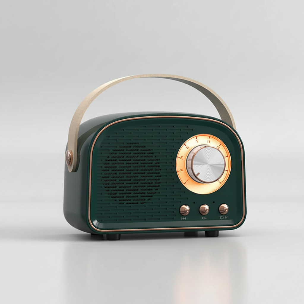 Draagbare retro Bluetooth speaker met FM radio. Compact design voor muziekgenot thuis of onderweg.