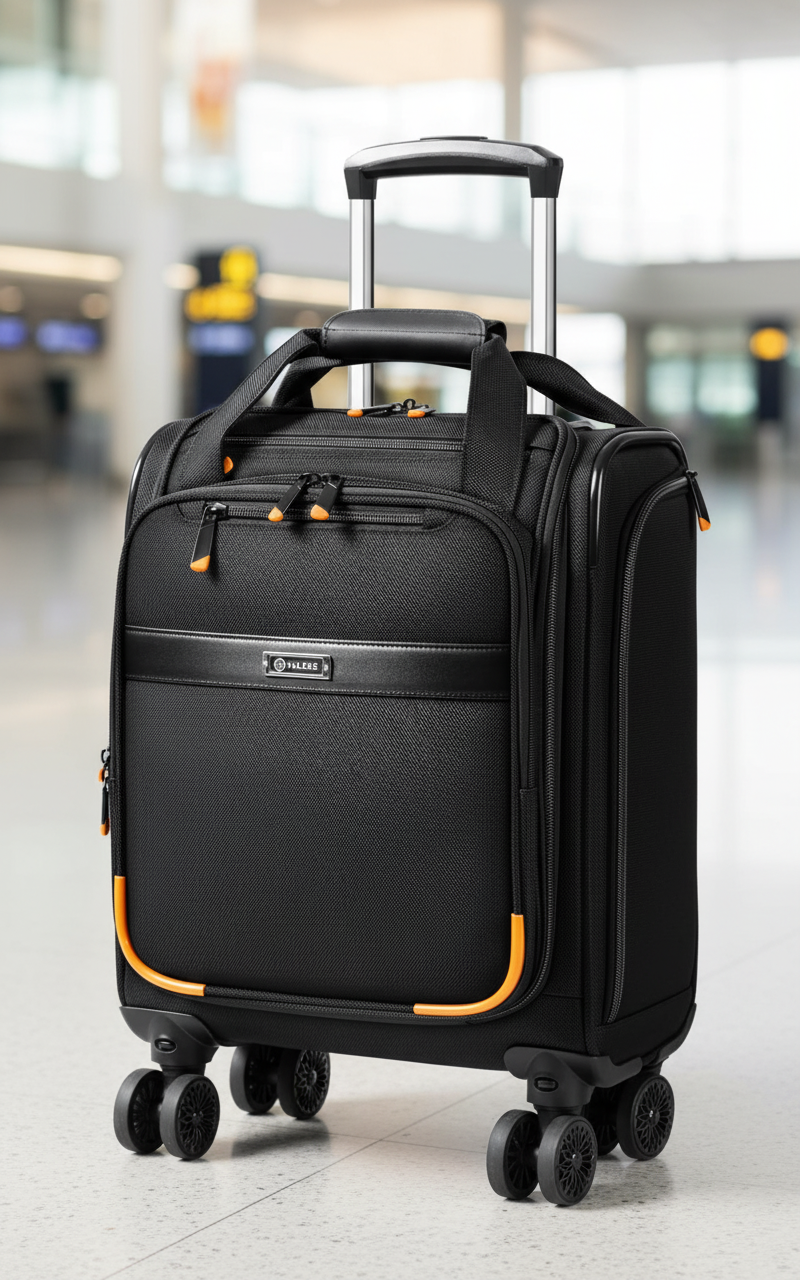 Compacte reistrolley TravelBuddy met stevige wielen, perfect als handbagage voor cabine. Ideaal voor zakelijk reizen.