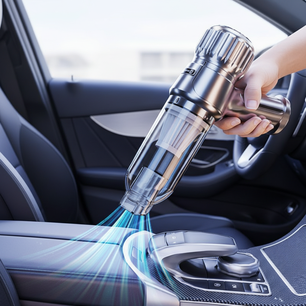 Compacte draadloze mini stofzuiger voor auto en huis, ideaal voor snelle schoonmaakklussen.