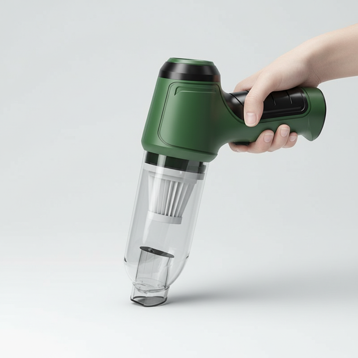 Ergonomische handheld mini stofzuiger voor comfortabel draadloos schoonmaken van auto en huis.