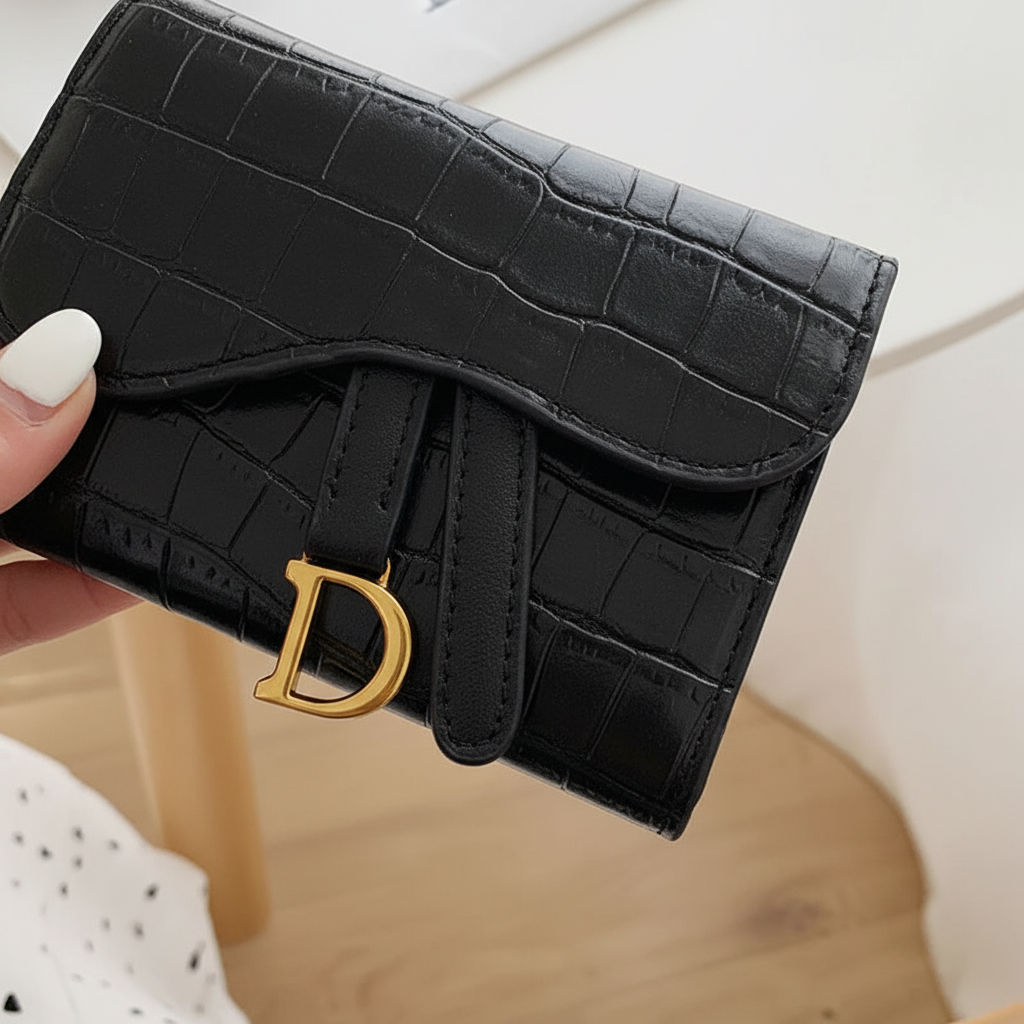 Leren compacte vrouwen portemonnee met trendy krokodillentextuur, ideaal voor handtas, verkrijgbaar in zwart.