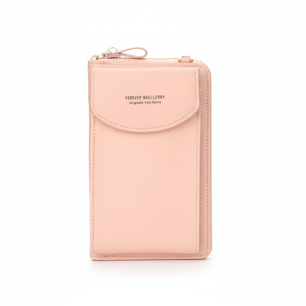 Stijlvolle kunstleren damesportemonnee, compact en praktisch, met handig telefoonvak en schouderband.