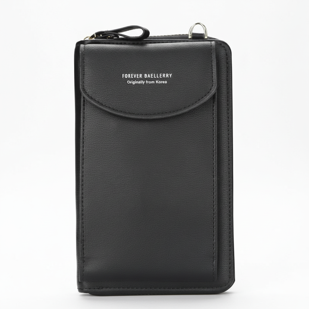 Modieuze damesportemonnee van kunstleer, compact design met veilig telefoonvak en rits.