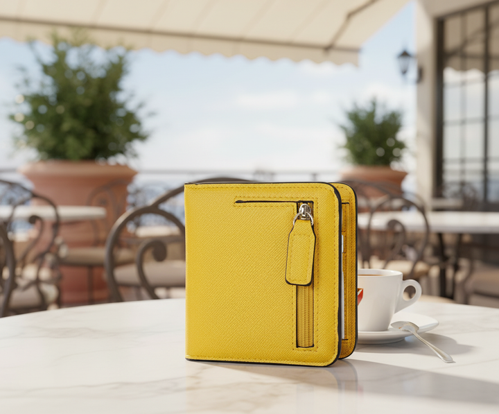 Compacte leren dames portemonnee met RFID-bescherming, perfect voor dagelijks gebruik en organisatie.