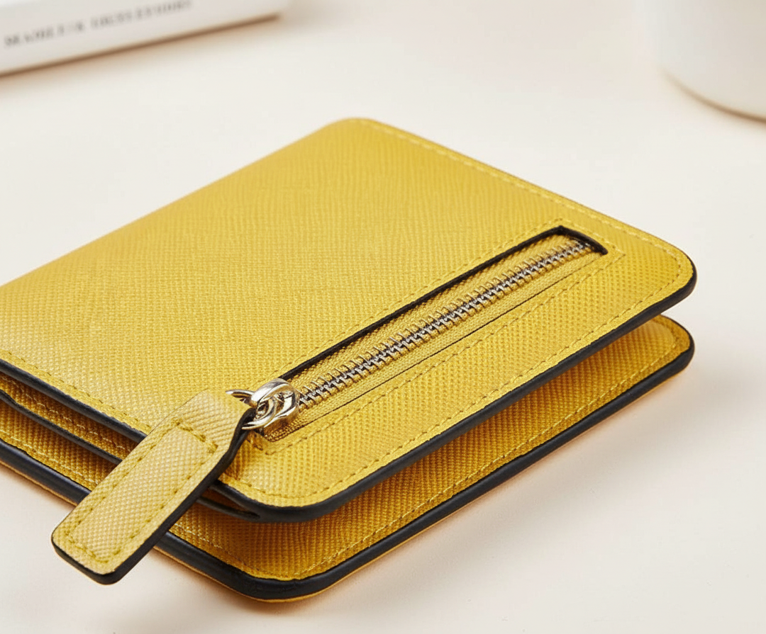 Stijlvolle zwarte compacte leren portemonnee voor vrouwen, elegant en veilig met RFID-bescherming.
