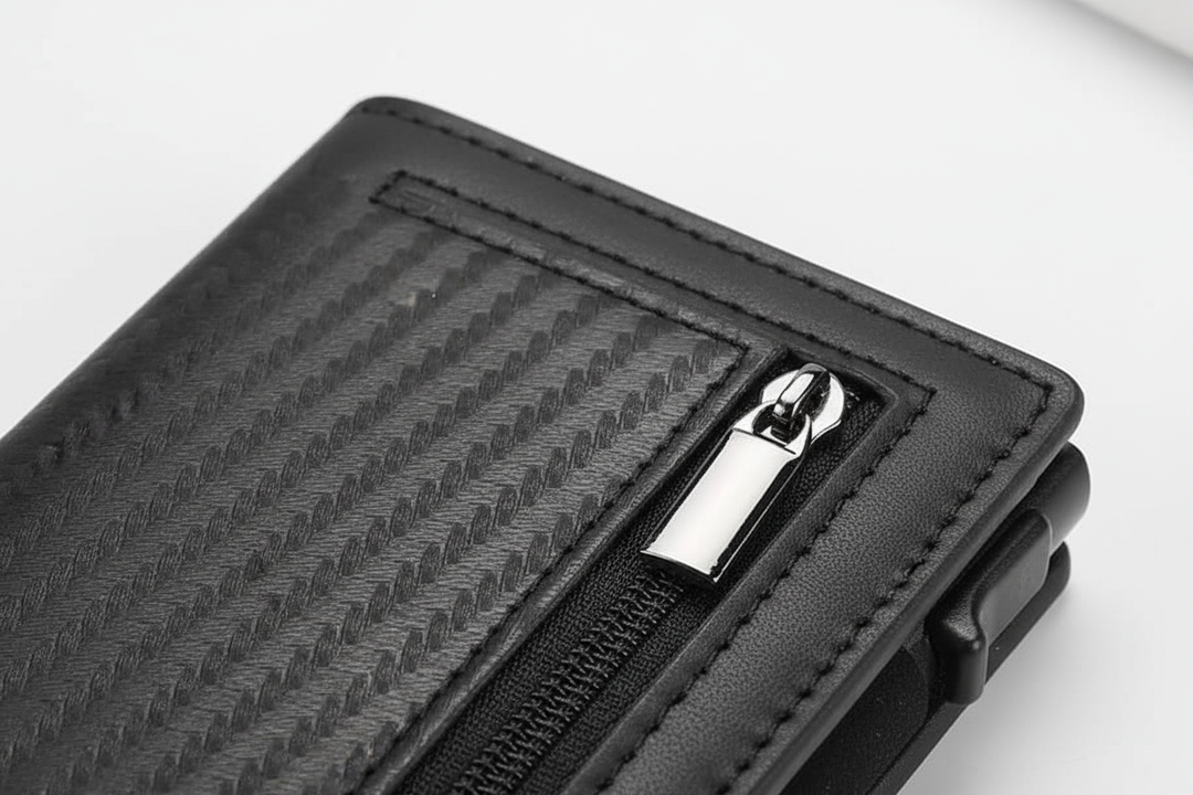 Bruine minimalistische leren portemonnee met RFID-blokkering, compacte en veilige kaarthouder.
