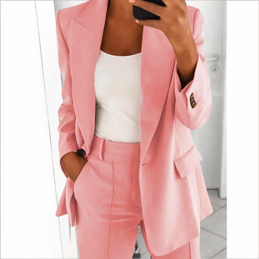 Dames blazer en broek set in elegante stijl, perfect voor zakelijke kleding en veelzijdig voor werk.