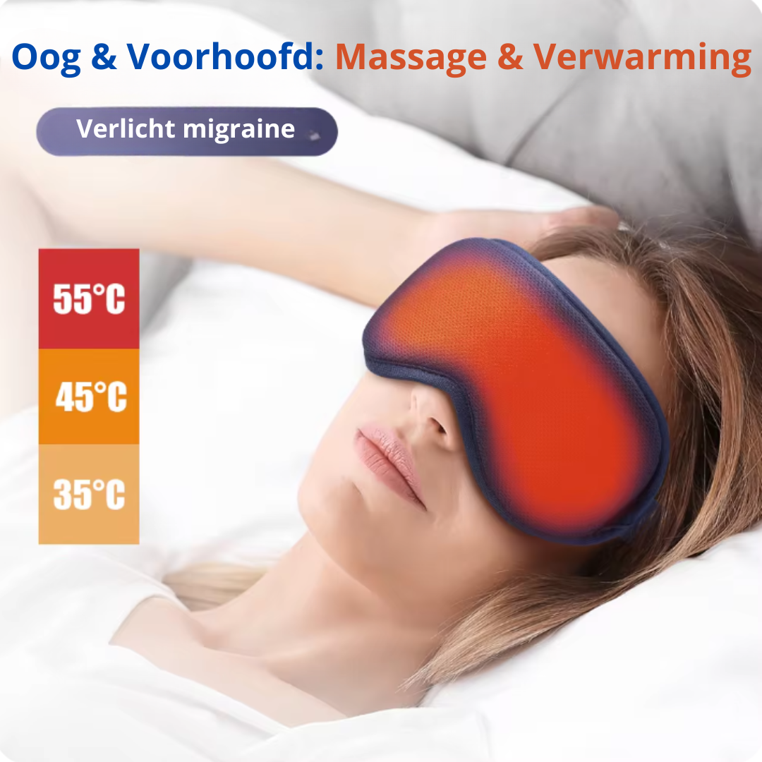 Verwarmd oogmassageapparaat voor migraineverlichting en ontspanning van vermoeide ogen.
