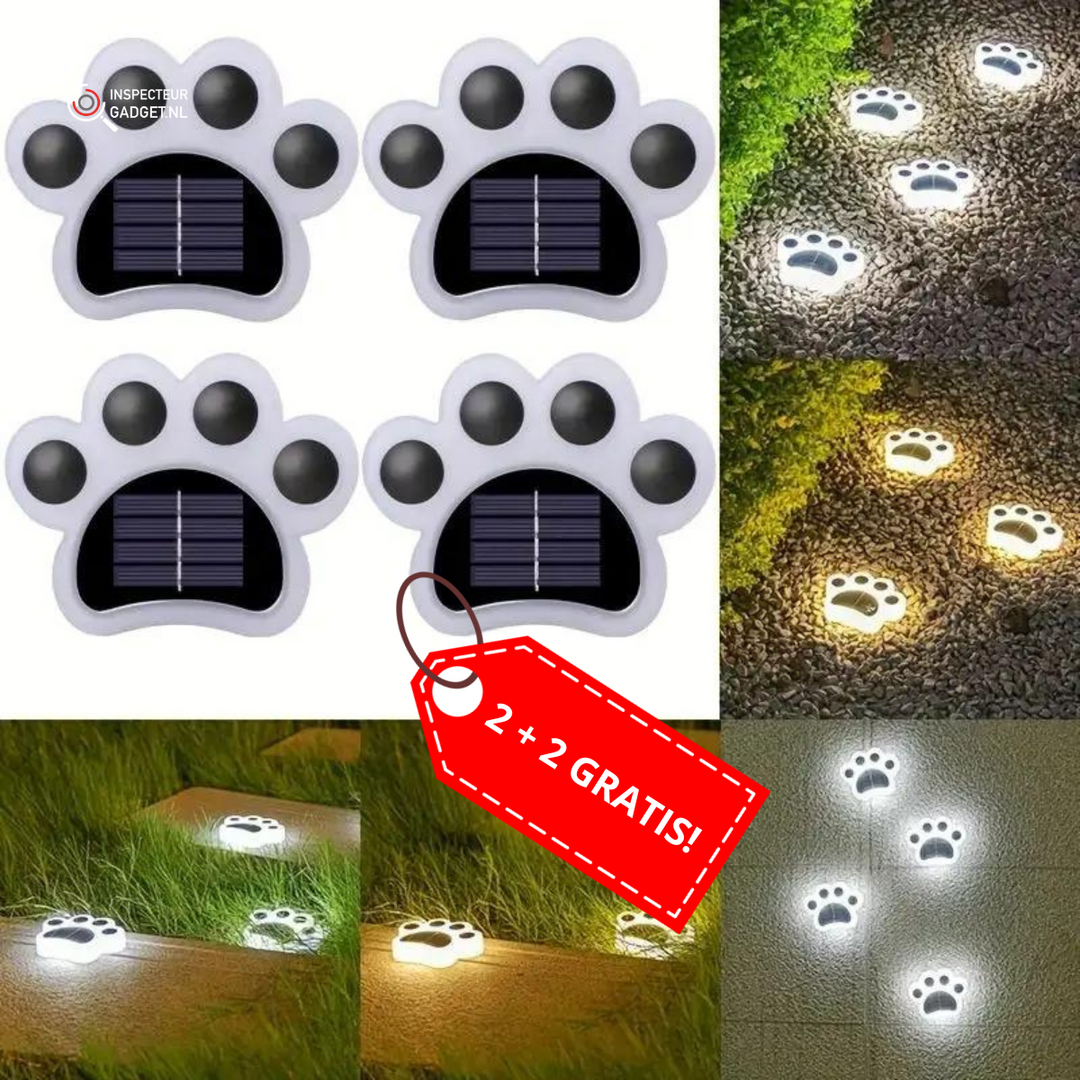 Draadloze Solar Paws tuinverlichting: automatisch LED sfeerlicht in pootvorm voor energiezuinige buitenverlichting.