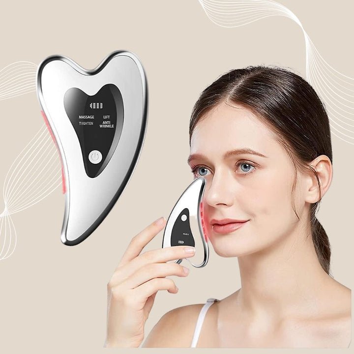 Compact Gua Sha gezichtsmassage apparaat: stimuleert collageen, verbetert lymfedrainage en gezichtscontour.