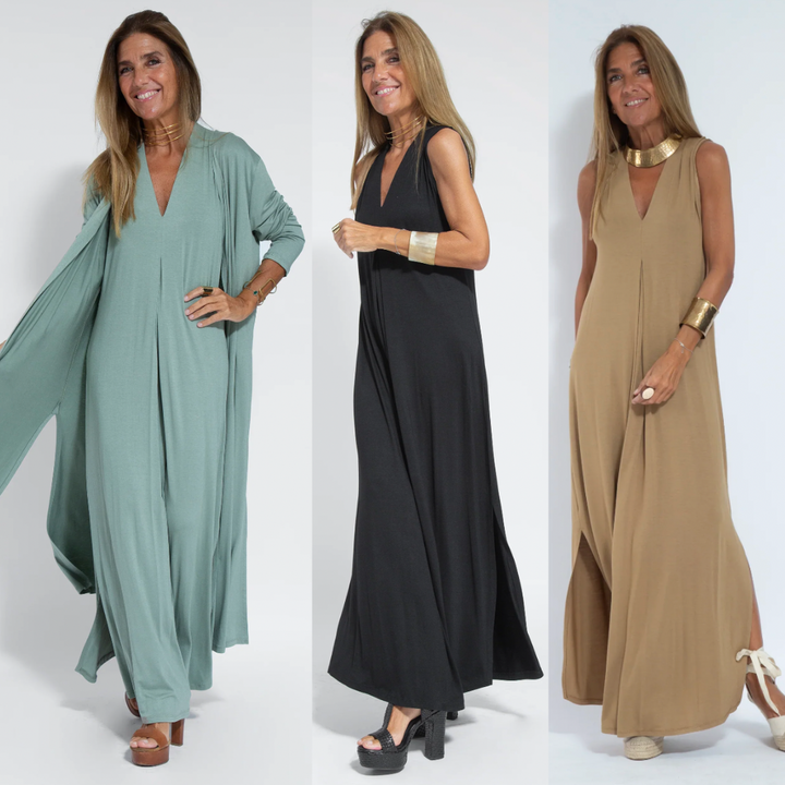 Flatterende tweedelige maxi jurk set met vest voor dames, elegant en comfortabel.