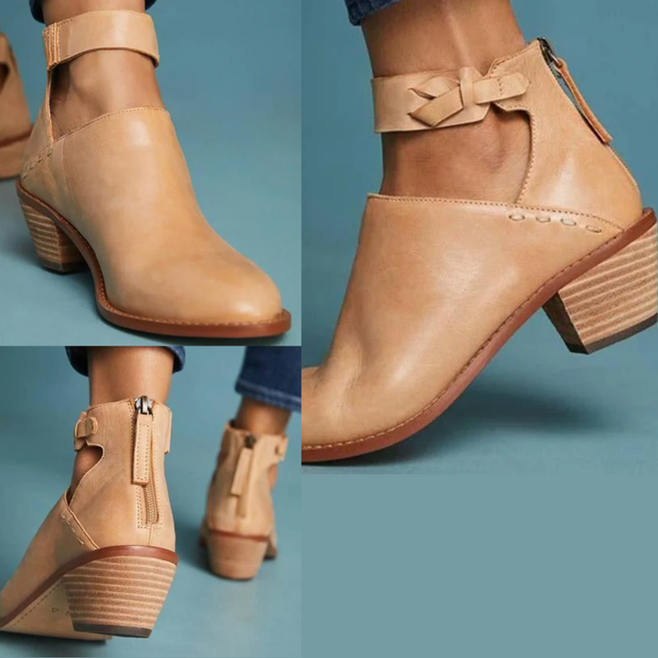 Comfortabele beige dameshakken Vera met ritssluiting, elegante blokhak voor veelzijdig gebruik.