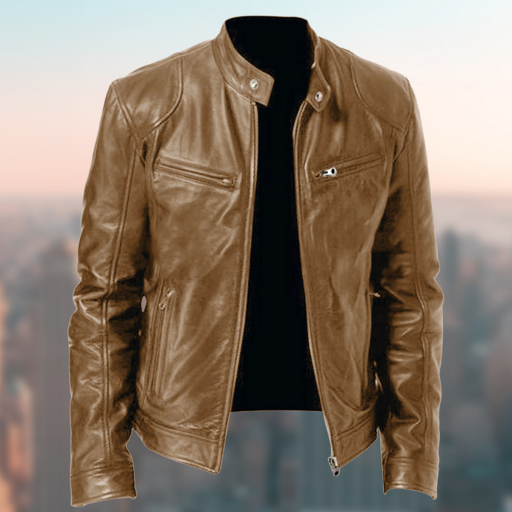 Stijlvolle blauwe heren leren jas, mode bovenkleding voor een moderne look. Tijdloos jack met ritssluiting.