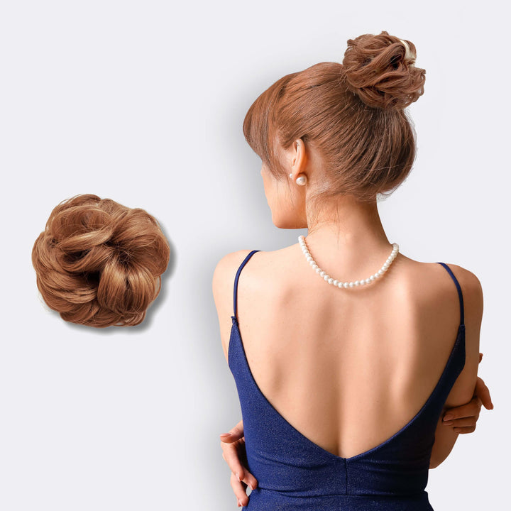 Eenvoudig aan te brengen haarextensie scrunchie. Voor een prachtige, volumineuze knot.
