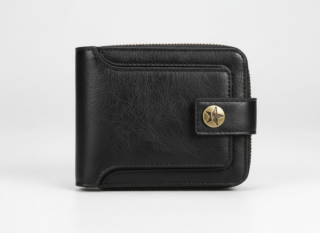 Donkerbruine vintage lederen accessoire: korte portemonnee, praktisch en compact voor iedereen.