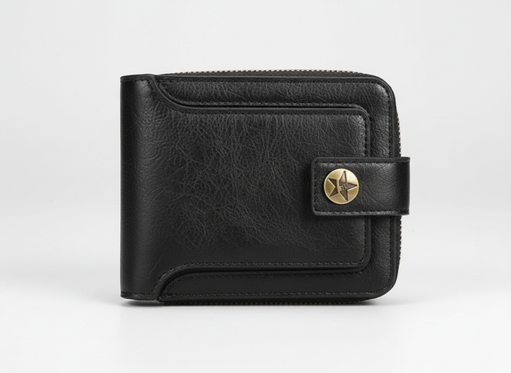 Donkerbruine vintage lederen accessoire: korte portemonnee, praktisch en compact voor iedereen.