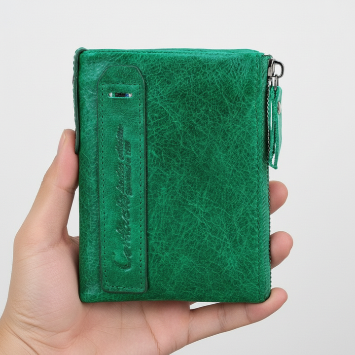 Elegante korte leren unisex portemonnee. Compacte kaarthouder met ritssluiting voor optimale organisatie.