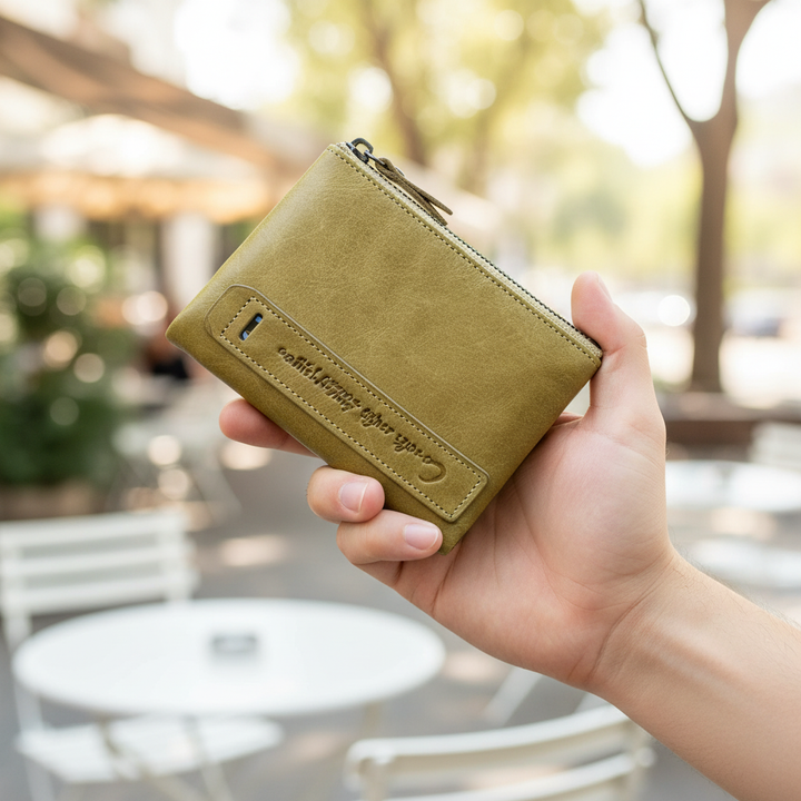 Compact leren unisex portemonnee met ruimte voor pasjes en contant geld. Stijlvol en praktisch design.