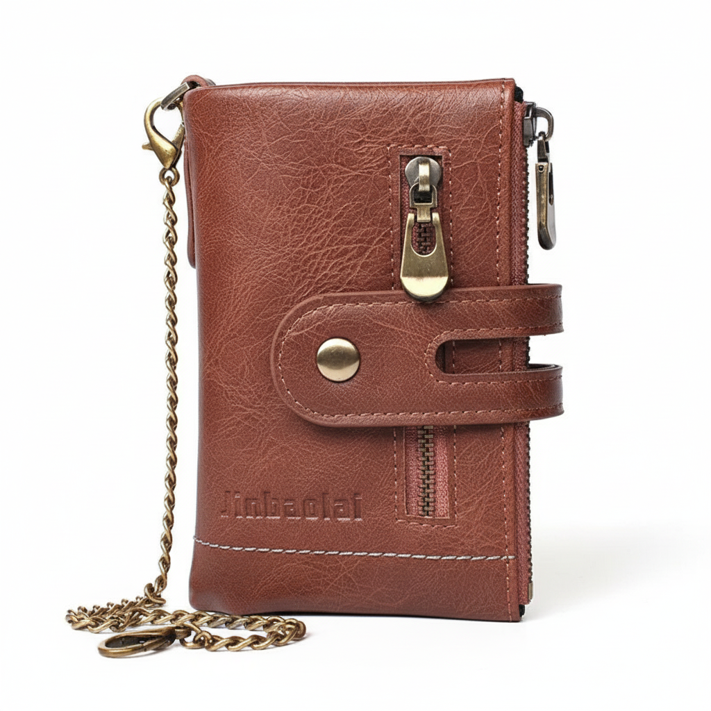 Retro korte dames portemonnee van PU leer met elegante ketting en meerdere kaartvakken. Perfect cadeau.