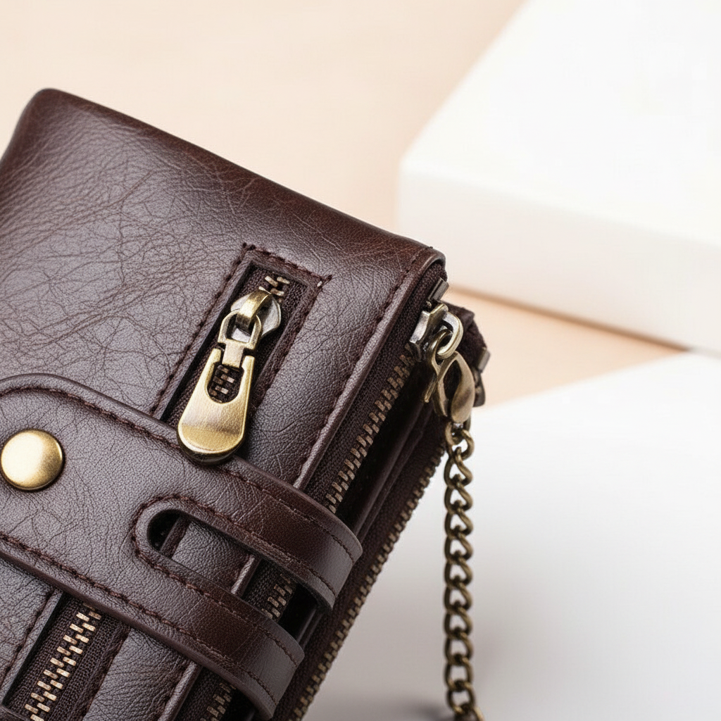 Compacte korte portemonnee voor dames, gemaakt van PU leer, inclusief veilige ketting en handige kaartvakken.