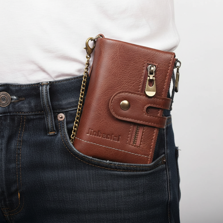 Veilige korte dames portemonnee met ketting van PU leer in retrostijl. Ideaal voor kaarten en contant geld.