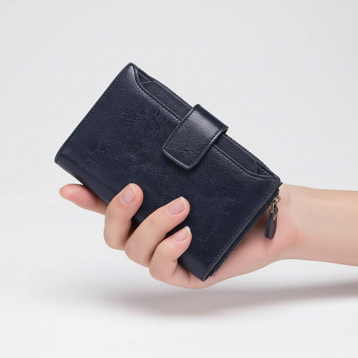 Echte leren damesportemonnee, compact model, met RFID chipbescherming.