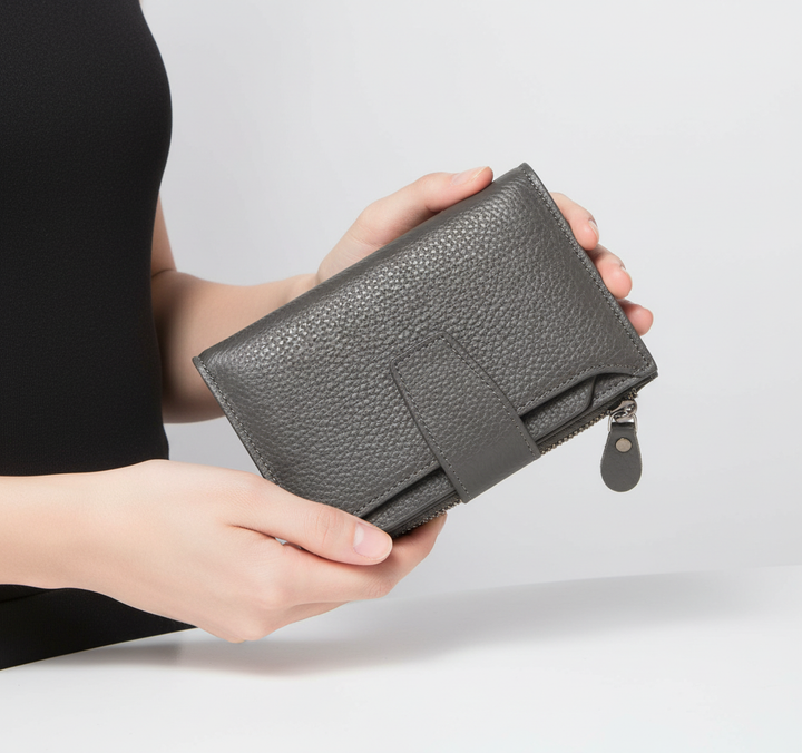 Portemonnee dames compact leer, met ritsvak en RFID bescherming voor kaarten.