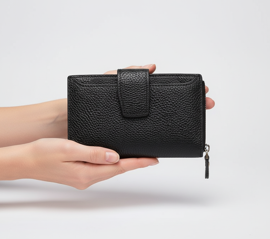 Handige compacte leren dames portefeuille met drukknoopsluiting en RFID.