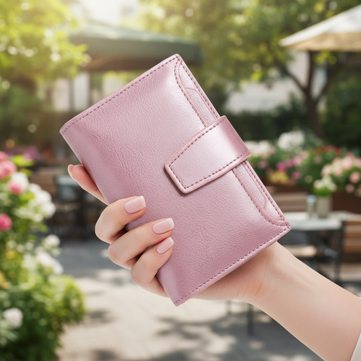 Dames compacte leren portemonnee met RFID bescherming in elegante zwarte kleur.