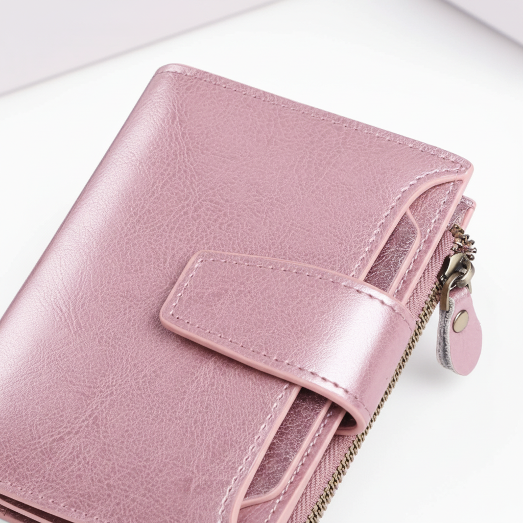 Luxe leren portemonnee voor dames, compact formaat, inclusief RFID bescherming.
