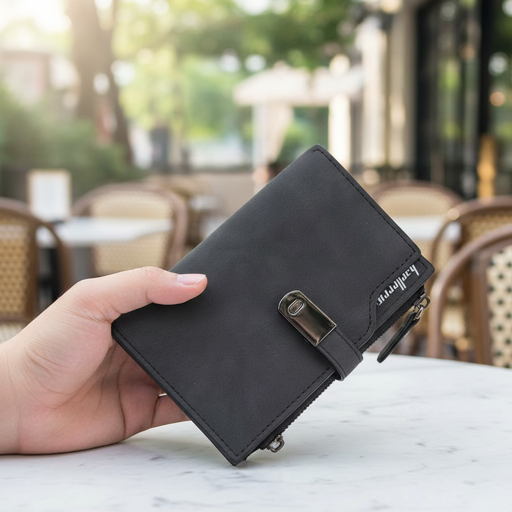 Stijlvolle zwarte compacte dames portemonnee van PU-leer, perfect als pasjeshouder en accessoire.