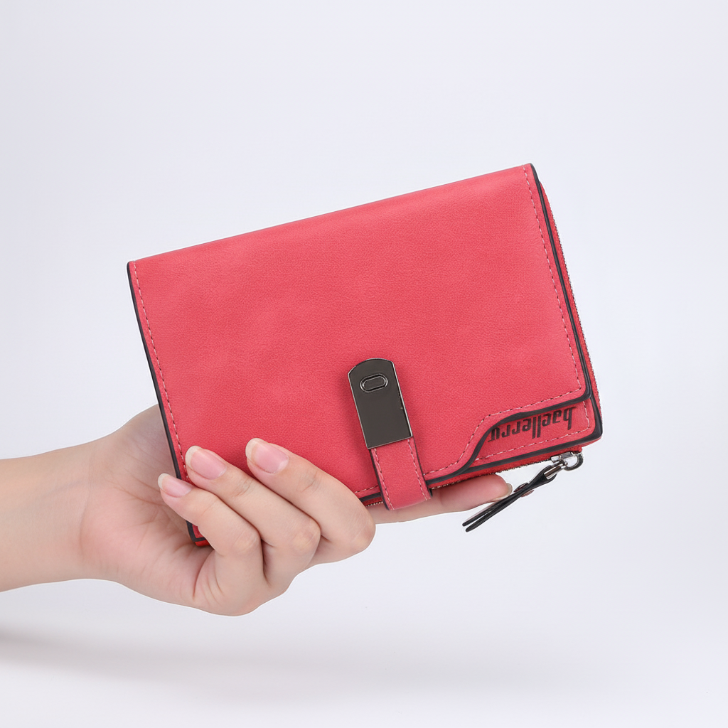 Donkerrode korte dames portemonnee van PU-leer, compact en modern design, essentieel accessoire.